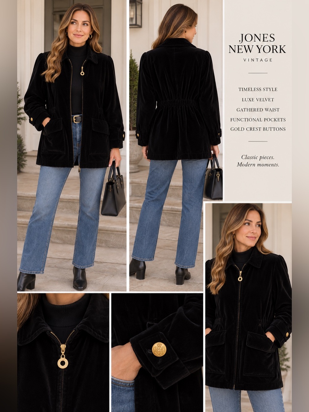 Vintage Jones New York Women's Black velvet Jacket - Classic Zip Front Coat